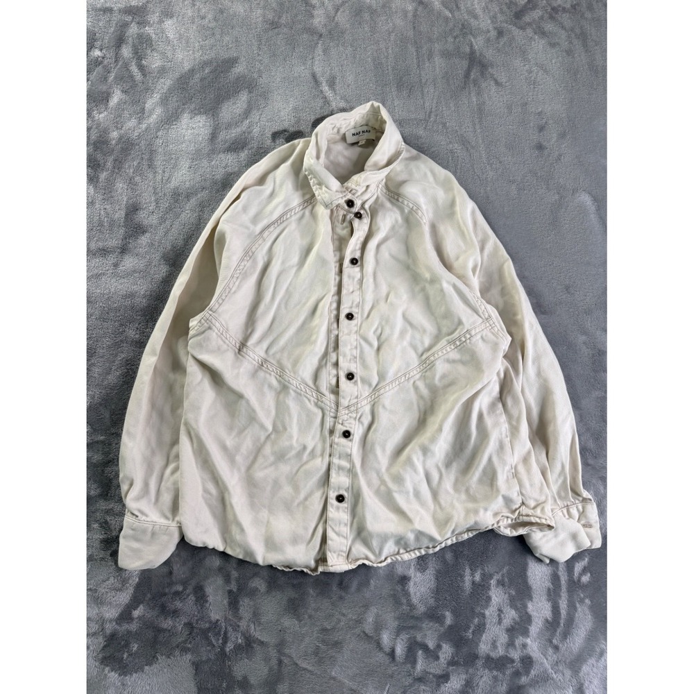 Naf Women's Button-Up S Cream Contrast Dark Buttons Button Sleeve Shirt Paris